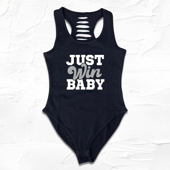 Womens handmade Black/Silver JUST WIN BABY Game Bodysuit, Football outift ideas - Picture 1 of 3